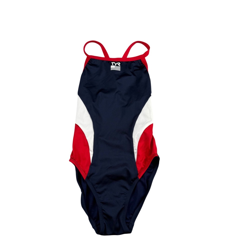 TYR Womens 30 S One Piece Swimsuit Navy Red White USA Durafast Elite Performance